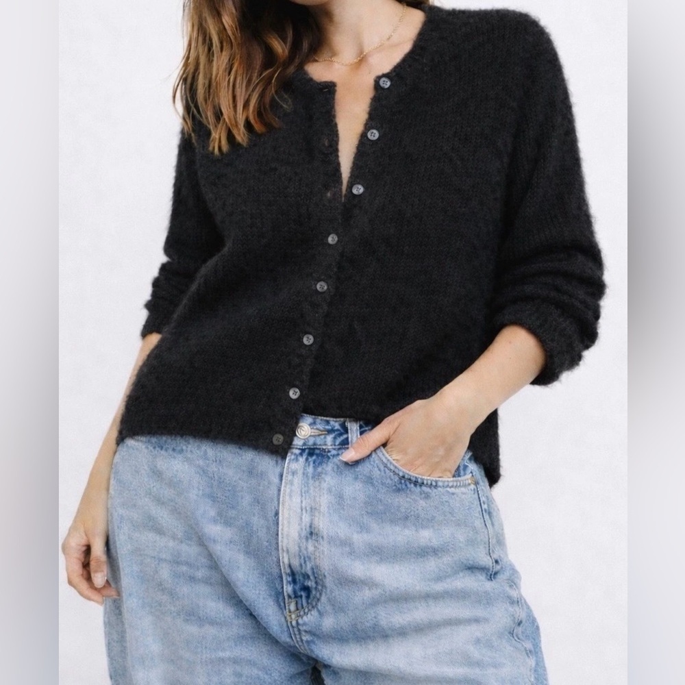 Reformation Clara Crew Black Alpaca And Wool Blend Cardigan Sweater Sz medium